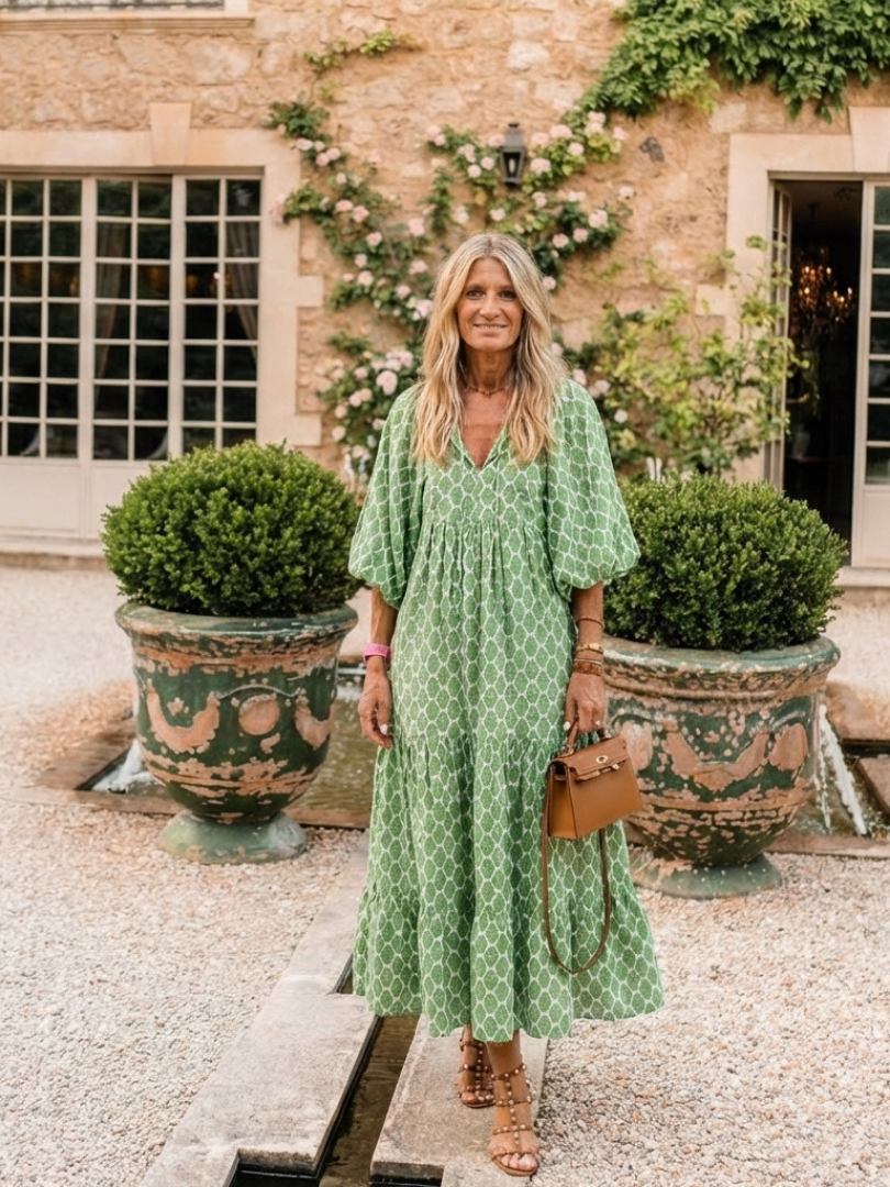 Apolline - Three-Quarter Sleeve V-Neck Patterned Midi Dress