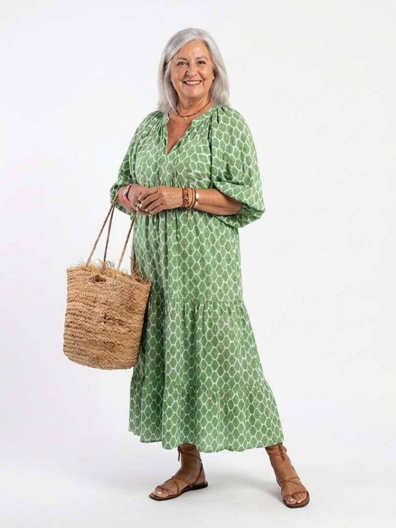 Apolline - Three-Quarter Sleeve V-Neck Patterned Midi Dress