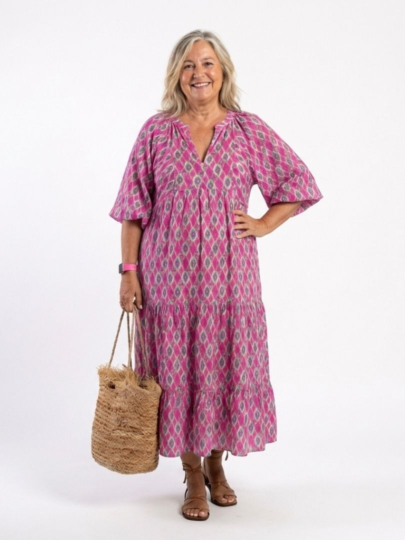 Apolline - Three-Quarter Sleeve V-Neck Patterned Midi Dress