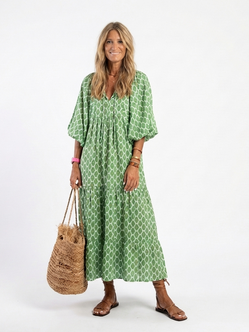 Apolline - Three-Quarter Sleeve V-Neck Patterned Midi Dress