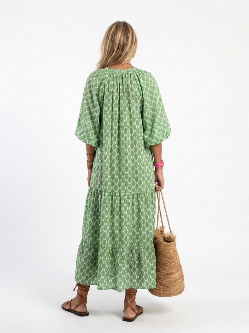 Apolline - Three-Quarter Sleeve V-Neck Patterned Midi Dress
