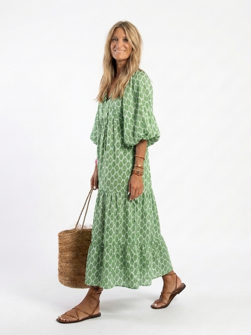 Apolline - Three-Quarter Sleeve V-Neck Patterned Midi Dress