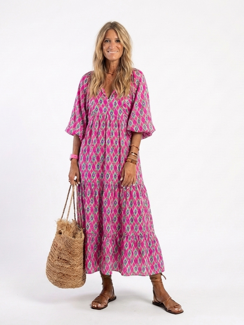 Apolline - Three-Quarter Sleeve V-Neck Patterned Midi Dress