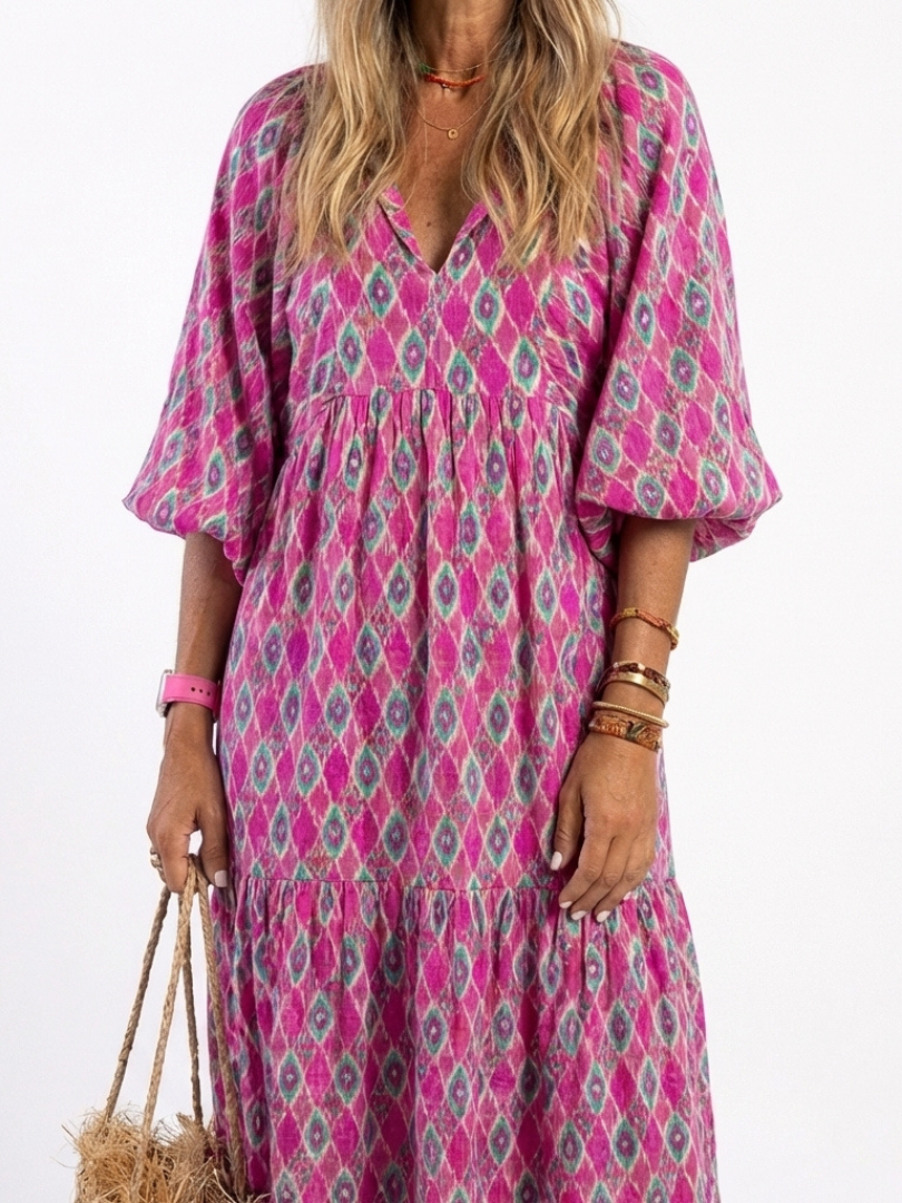 Apolline - Three-Quarter Sleeve V-Neck Patterned Midi Dress