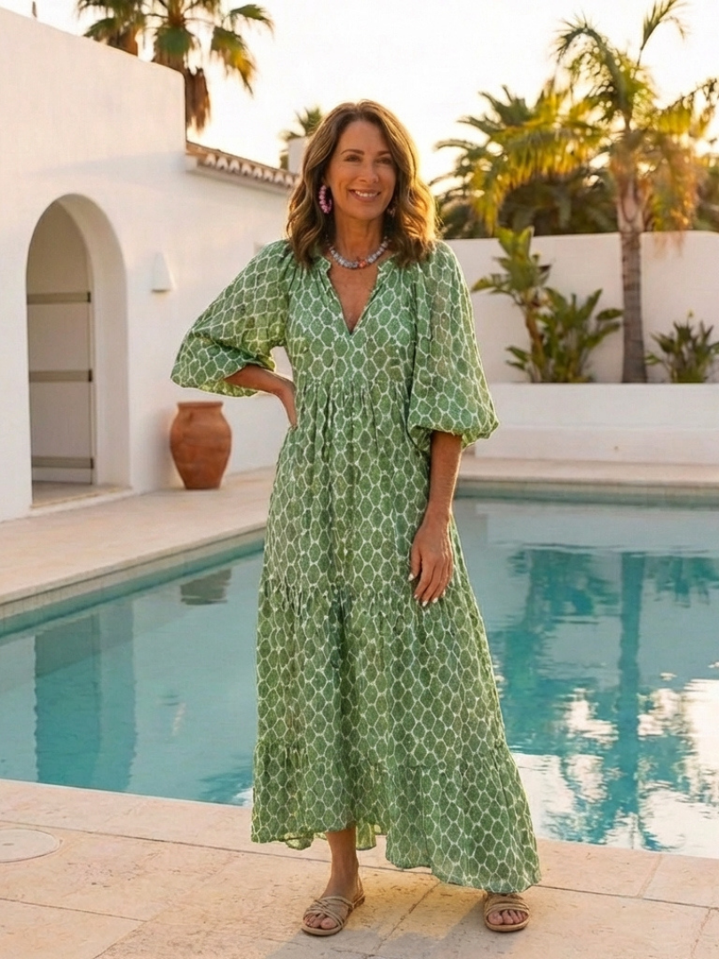 Apolline - Three-Quarter Sleeve V-Neck Patterned Midi Dress